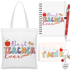 Sinmoe 5 Pcs Teacher Appreciation Gifts for Women Canvas Tote Bag Inspirational Notebook Ballpoint Pen Motivation Keychain Thank You Card Leaving Gifts for Teacher Assistant (Apple)