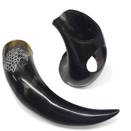 Genuine Handcrafted 100% Ale Horn with Stand - Game Of Thrones House Stark Inspired Engraving with Brass Rim - Perfect Ale/Beer Mug Viking Style Horn Gift