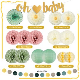 Sage Green & Yellow & Pink Baby Shower Decorations Baby Banner Paper Pom Poms Fans Lanterns for Boys and Girls Gender Neutral Baby Shower Party Supplies