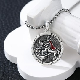 Heiliger Georg Halskette 925 Sterling Silber Heiliger Medaille kette Beschütze uns Amulett Schmuck Geschenk für Männer Frauen with 2.5mm 22+2 Zoll Rolo Ketten