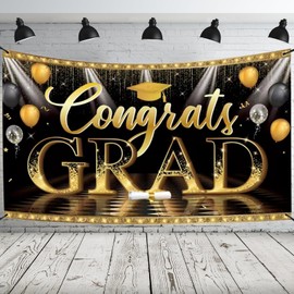 Graduation Decorations 2024, Extra Large Fabric Congratulations Banner for Party Supplies-72x44 Inch, Black and Gold Congrats Grad Backdrop Class Of 2024 for Kindergarten High School College