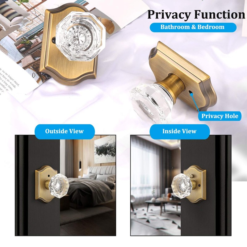 Gobrico 3 Pack Privacy Crystal Glass Door knobs with Lock,Heavy