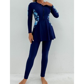 Muslim Swimsuits for Womens Modest Islamic Swimwear Long Sleeve Burkini Full Cover Top Dress Swimming Pants Swimsuit Rash Guard 2PCS Bathing Suits Navy Blue XXL