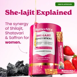 Women Multi-Mineral Honey Sticks | BetterAlt SHE-Lajit Strawberry Flavor | Shilajit, Shatavari & Saffron | Hormonal Balance & Energy - 30 Honey Packs