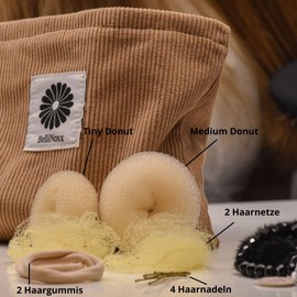 BelliNoxx BelliNoxx Bun Maker Set for Tournament Hair 2 Piece Hair Donut, 2 Hair Nets, 4 U-shaped Hair Pins and 2 Hair Elastics. For Hairstyle Rider, Dressage, Dancer, Ballerina (Brown)