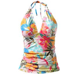 Yonique Women's Halter Tankini Top No Bottom V Neck Swim Top Tummy Control Bathing Suit Top Pink Flower L
