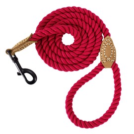 Mile High Life Braided Cotton Rope Leash with Leather Tailor Handle and Heavy Duty Metal Sturdy Clasp (Red, 6 FT)