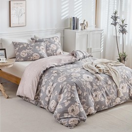 Tokokimo Grey Double Duvet Set Floral Bedding Set, Traditional Floral Flowers Printed Double Duvet Cover Set (1x Duvet Cover, 2x Pillowcases) Microfiber Duvet Cover Double 200x200 cm, Grey