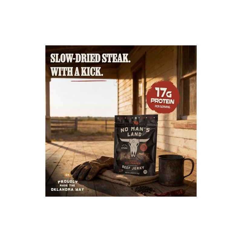 No Man's Land Crushed Red Pepper Beef Jerky, Hand-Cut Steak,