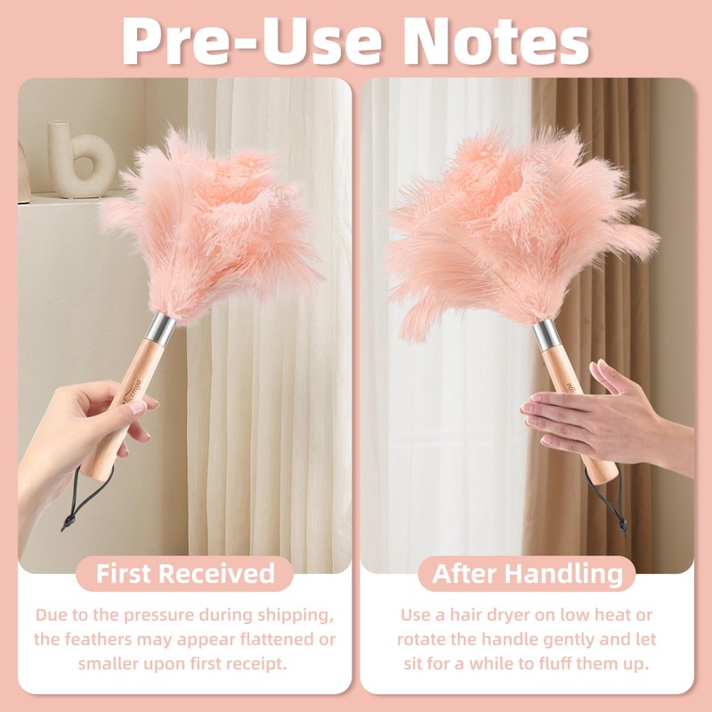 Pink Ostrich Feather Duster with Wooden Handle, 13.5 inch Natural