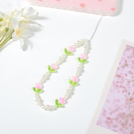 inewateri Beaded Phone Charms Cute Aesthetic Tulip Lanyard Strap Girl Wrist Chain, Phone Keychain Decoration for Wallet AirPods-Pink