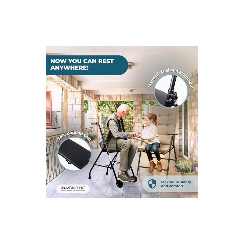 Mobiclinic®, Folding Walker, Adjustable, Ergonomic Grips, Non-Slip Ferrules, with Seat
