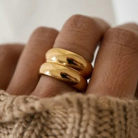 Asiamist Chunky Gold Rings for Women Dainty Gold Dome Band Ring Statement Stackable Rings Double Rings Trend Promise Wedding Band Size 6 7 8 9 10(Gold, 9)