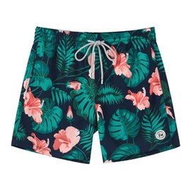 SURF CUZ Men's Swim Trunks Quick Dry Board Shorts with Mesh Lining 7 Inch Inseam Bathing Suits(Navy - Tropical,2XL)