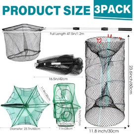 Windyun 3 Pcs Foldable Fishing Net Fishing Landing Net with Telescoping Pole Handle Collapsible Crab Trap Hexagon Fishing Bait Trap with Rope and Lure Bag for Crab Crayfish Shrimp (Gray Green)