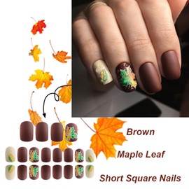 Gradient Maple Press on Nails 24 Pcs Fall Leaves False Nails Matte Colorful Maple Leaves Acrylic Fake Nails Thanksgiving Gel Glue on Nails for Manicure Maple Stick on Nails for Coquette Women Girls