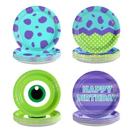 60Pcs Monster Birthday Party Paper Plates -Monster Birthday Party Supplies 9" Disposable Green and Purple Cartoon Paper Plates for Monster Theme Par-ty Decorations