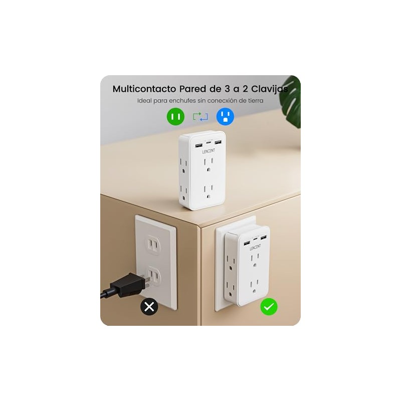LENCENT Multicontacto Pared de 2 a 3 Clavijas, Extensor de