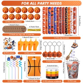 170 Pcs Basketball Party Favors Pack with Cups Straws Stress Ball Silicone Wristbands Slaps Bracelets Keychains Stickers Whistles Thank You Tags Goodie Bags for Basketball Birthday Party Supplies