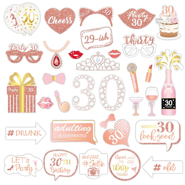 Qpout Rose Gold 30th Birthday Photo Props (32 Pieces), Birthday Party Funny Photo Booth Props for Women 30th Birthday Party Photo Booth Props Decoration Accessories, with Bamboo Sticks & Stickers