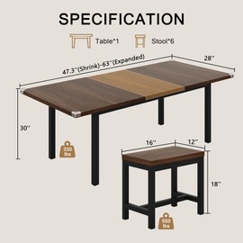 Einhomn 7-Piece Dining Table Set, 63" Extendable Kitchen Room Table with 6 Stools, Mid Century Modern Dinner Table with Metal Frame & MDF Board, Space-Saving, Easy Assembly, Walnut