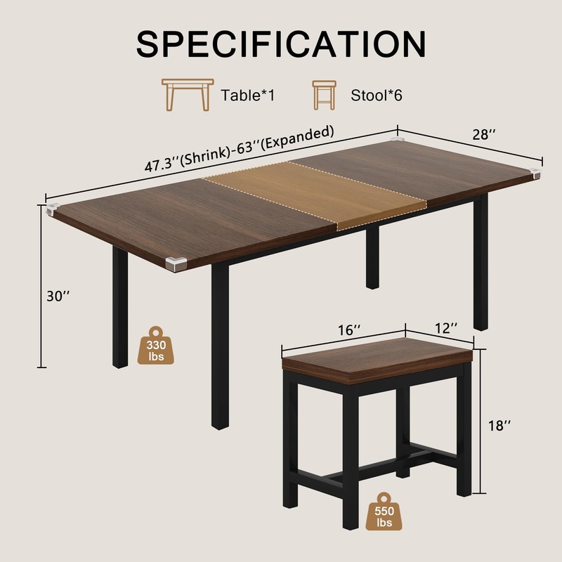 Einhomn 7-Piece Dining Table Set, 63" Extendable Kitchen Room Table