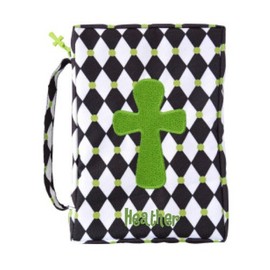 Mainstreet Black and Green Harlequin Diamond Print Bible Cover Case with Embroidered Cross and Cross Zipper Pull Detail