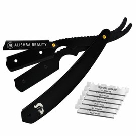 LUMESS ALISHBA BEAUTY PROFESSIONAL BARBER STRAIGHT EDGE RAZOR SALON QUALITY CUT THROAT SHAVETTE WITH 20 PACK PLATINUM SUPER SHARP SINGLE EDGE RAZOR BLADES STRAIGHT RAZORS FOR MEN (RZ-7003 BLACK)
