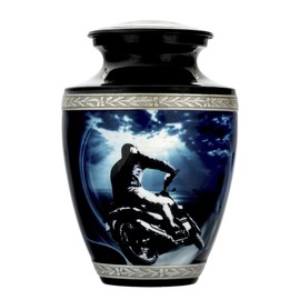 Motorcycle Cremation urn for Human ash Adult Male with a Capacity of 200 Cubic in., A Polished Metal with a Silver Ring, Black Body for Memorial, Includes a Velvet Bag and Anti Scratch Felt Bottom.