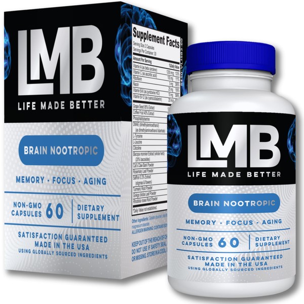 LMB Nootropics Brain Support Supplements for Men or Women, DMAE Bacopa and Phosphatidylserine Supplement Capsules, Nootropic for Adults, 60 Count Bottle