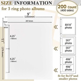 Chuangdi 200 Pcs Photo Album Pages 9 x 11 Inch Self Adhesive Double Sided 3 Hole Punched Photo Mounting Sheets Photo Sleeves for 3 Ring Binder Refill Photo Album Sheets, Binder Not Included