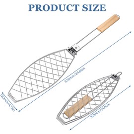 3er Set Fischbräter, 63x12cm Fisch Grillhalter mit Holzgriff, Faltbar Fischhalter zum Grillen mit 21cm Silikonbürste, Fischgrillgitter Tragbar Fischgrillzange für Grill und BBQ(Silber)