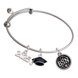 Delight Jewelry Silvertone Nurse Caduceus Seal - BSN - Silvertone Class of 2025 Graduation Charm Bangle Bracelet