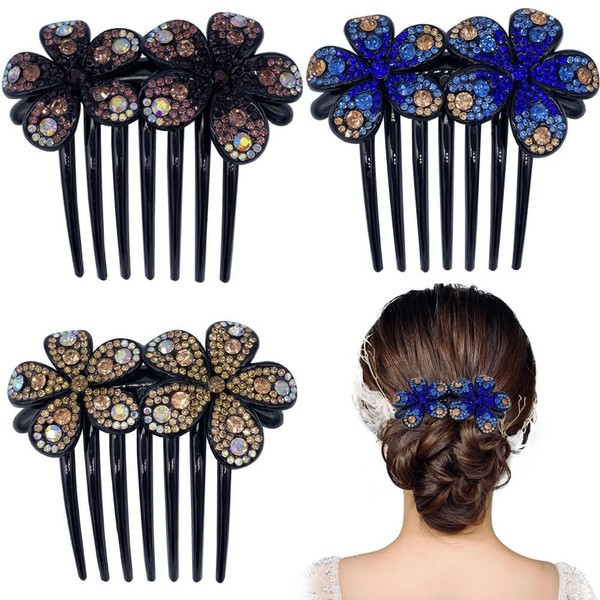 KuuGuu 3 PCS Flower Hair Comb Rhinestone Hair Pins Bride Hair Slide Combs Wedding Headdress Hair Accessories for Women