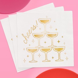 xo, Fetti Gold Foil Cheers Napkins | 3-ply, 50 pcs | Bachelorette Party Champagne Coupe Decorations, Birthday Party Decor, NYE Cocktail Supplies, Celebratory Tableware