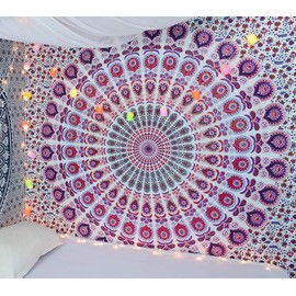 raajsee White Pink Tapestry Mandala Wall Hangings, Indian cotton Beach Throw Blanket, Hippie Tapestries Boho Decor Bohemian Bedding,Queen Bedspread 210x220 cms,A