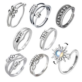 GZGRYTRC 8 PCS Fidget Ring Set, Adjustable Rings for Women, Silver Anxiety Ring, Spinner Ring for Stress Relief, Fashion Jewelry for Girls and Women, Gift for Her