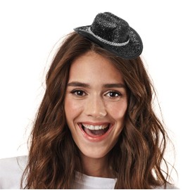 Black Mini Sparkling Cowgirl Hat - Fascinator Style Miniature Black Cowboy Hats - Perfect for Hen Parties and Fancy Dress Costume - Pack Of 1