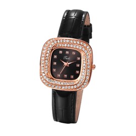 JewelryWe Women Leather Wrist Watch: Square Ladies Elegant Cubic Zirconia Dial Analog Quartz Watches Female Dress Patterned Strap Rhinestone Wristwatch Gift