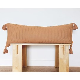 Lumi Living 100% Soft Cotton Raised Stripes Textured Rib Knit Lumbar Throw Pillow Cover with Tassels 14x36 (Baked Clay)