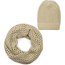styleBREAKER knit loop scarf and hat set, hole pattern knit scarf, knitted beanie hat, winter, unisex 01018210, Color Cream-Beige