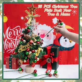 15 Pcs Christmas Tree Picks Decorations 8 Inches Shatterproof Wired Picks with Red Green Gold Balls for Tree Garland Vase Centerpiece Stairs Decor