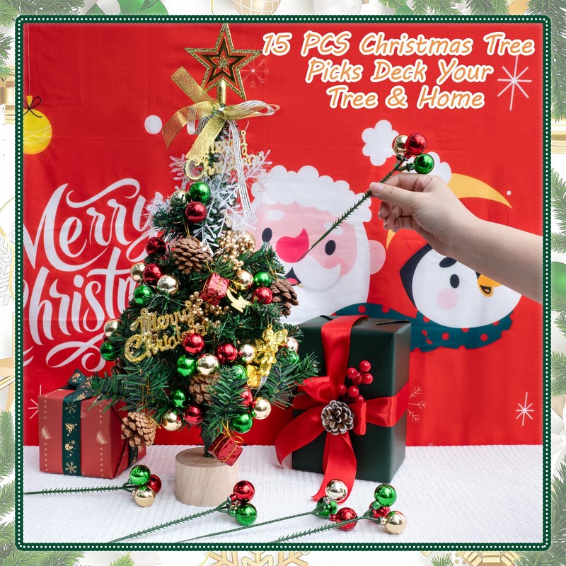 15 Pcs Christmas Tree Picks Decorations 8 Inches Shatterproof Wired