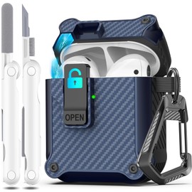 R-fun Compatible with AirPods 2nd Generation 2019,1st Gen 2016 Charging Case Cover, Full Drop Protection Auto Pop-Up Lid Compatible with Airpods Case with Cleaner Kit & Keychain,Fiber Night Blue