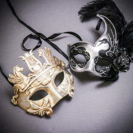 ILOVEMASKS Silver Warrior Pegasus & Silver Black Side Feather Glitter Couple Masks Set