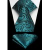 HISDERN Men's Tie Teal Paisley Floral Ties and Pocket Square