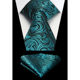 HISDERN Men's Tie Teal Paisley Floral Ties and Pocket Square Set
