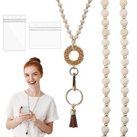 FdcLixuvol Lanyard with Id Holder Wood Beaded Lanyards for Id Badges and Keys Boho Cute Retractable Lanyard with Key Ring for Working Women and Teacher