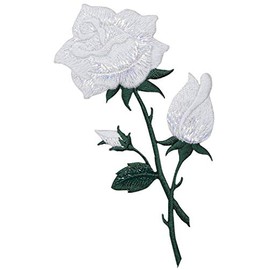 White Rose - Open - Buds on Stem - Embroidered Iron on Patch