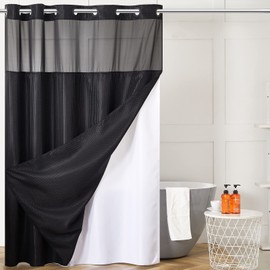 Black No Hook Double Shower Curtain Set with Snap in Liner,Heavy Duty Waffle Weave Textured Fabric Bathroom Curtains with See Through Window,Machine Washable & Waterproof,Hotel Qulity,71x72 Inch